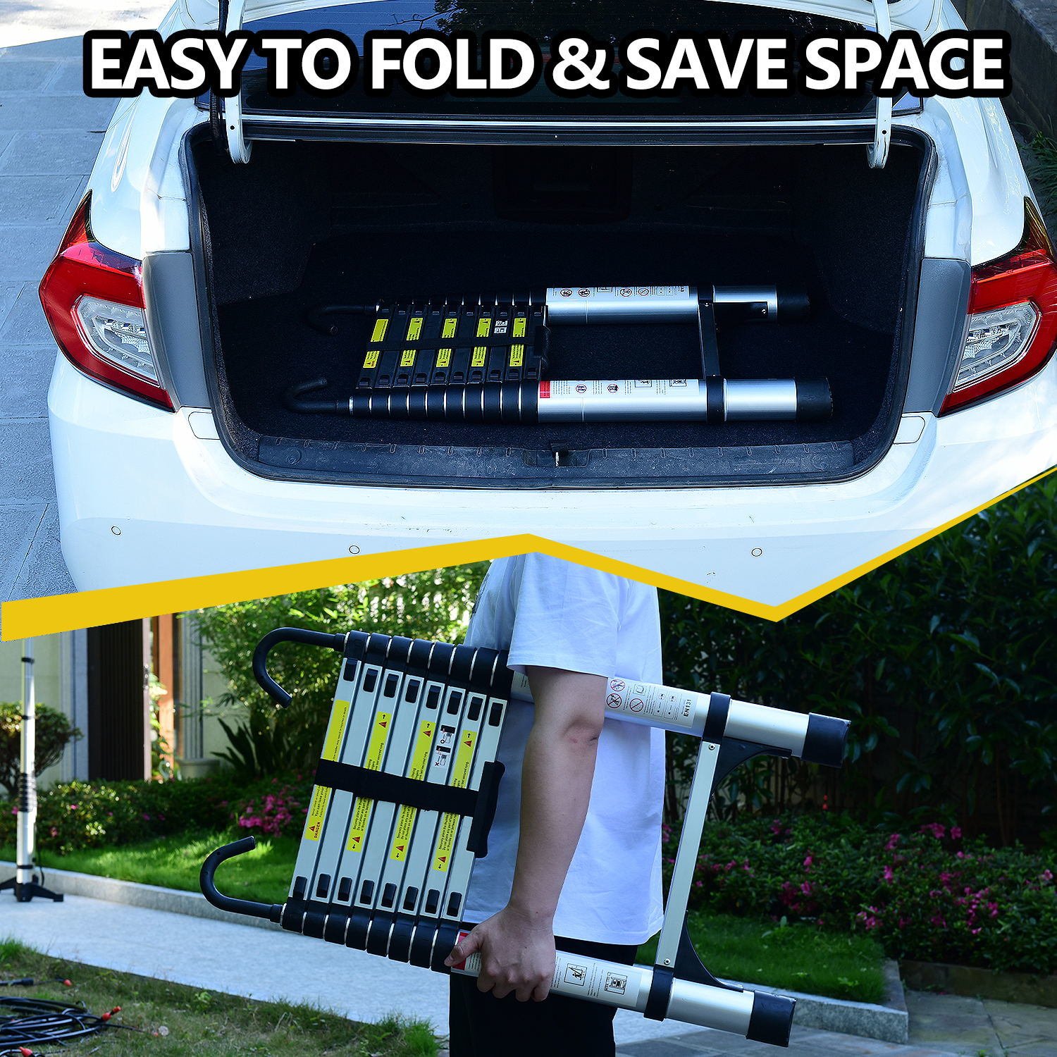 Telescopic ladder, 9.5 foot aluminum button telescopic ladder with 2 ...