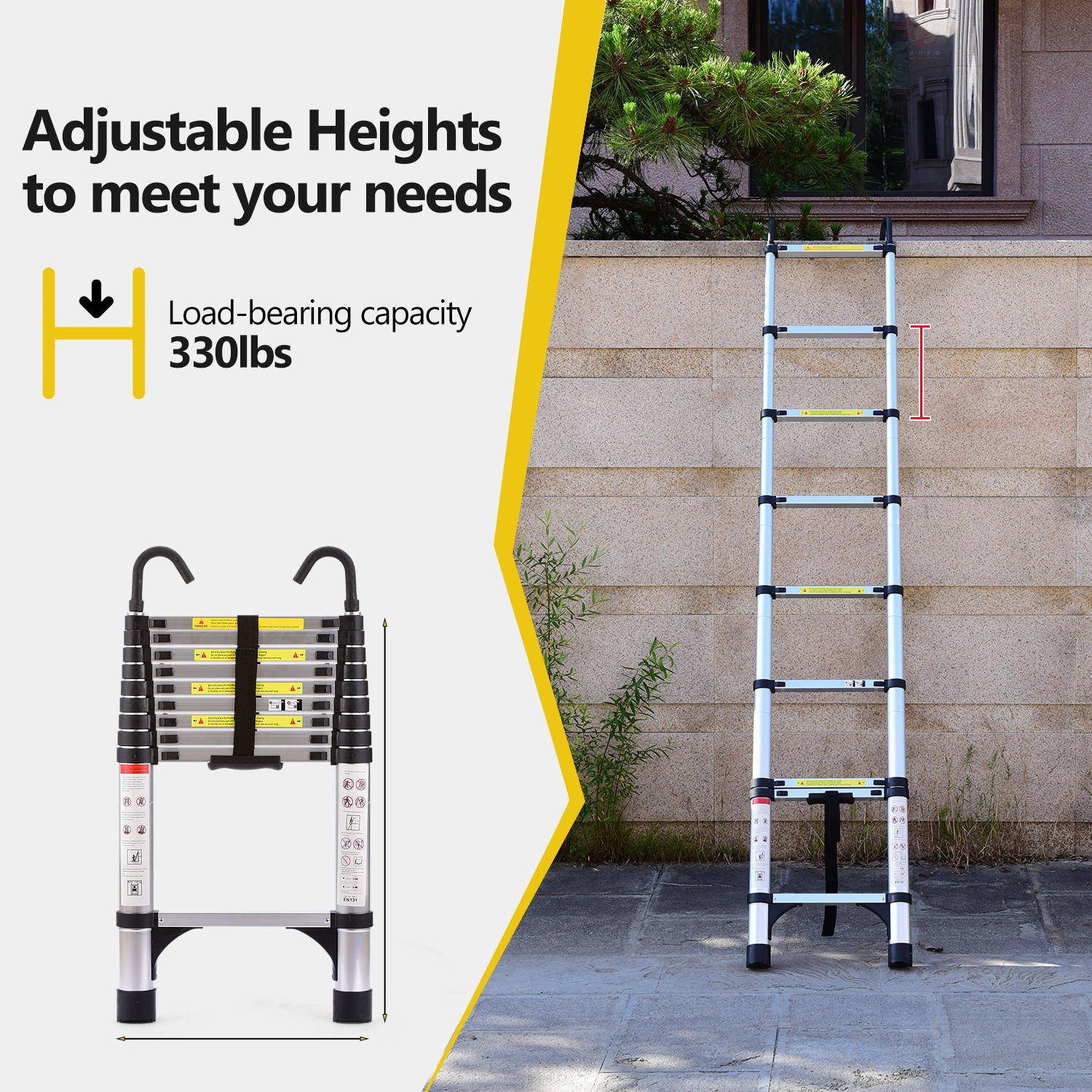 Telescopic ladder, 9.5 foot aluminum button telescopic ladder with 2 ...