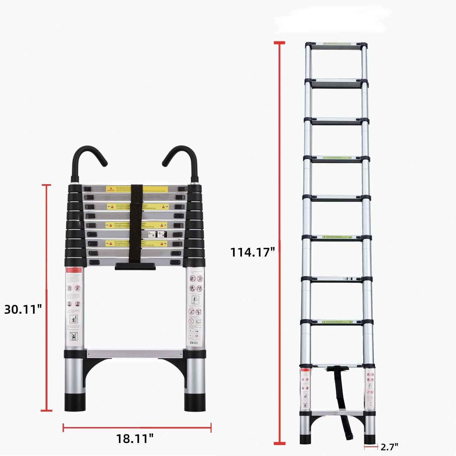 Telescopic ladder, 9.5 foot aluminum button telescopic ladder with 2 ...