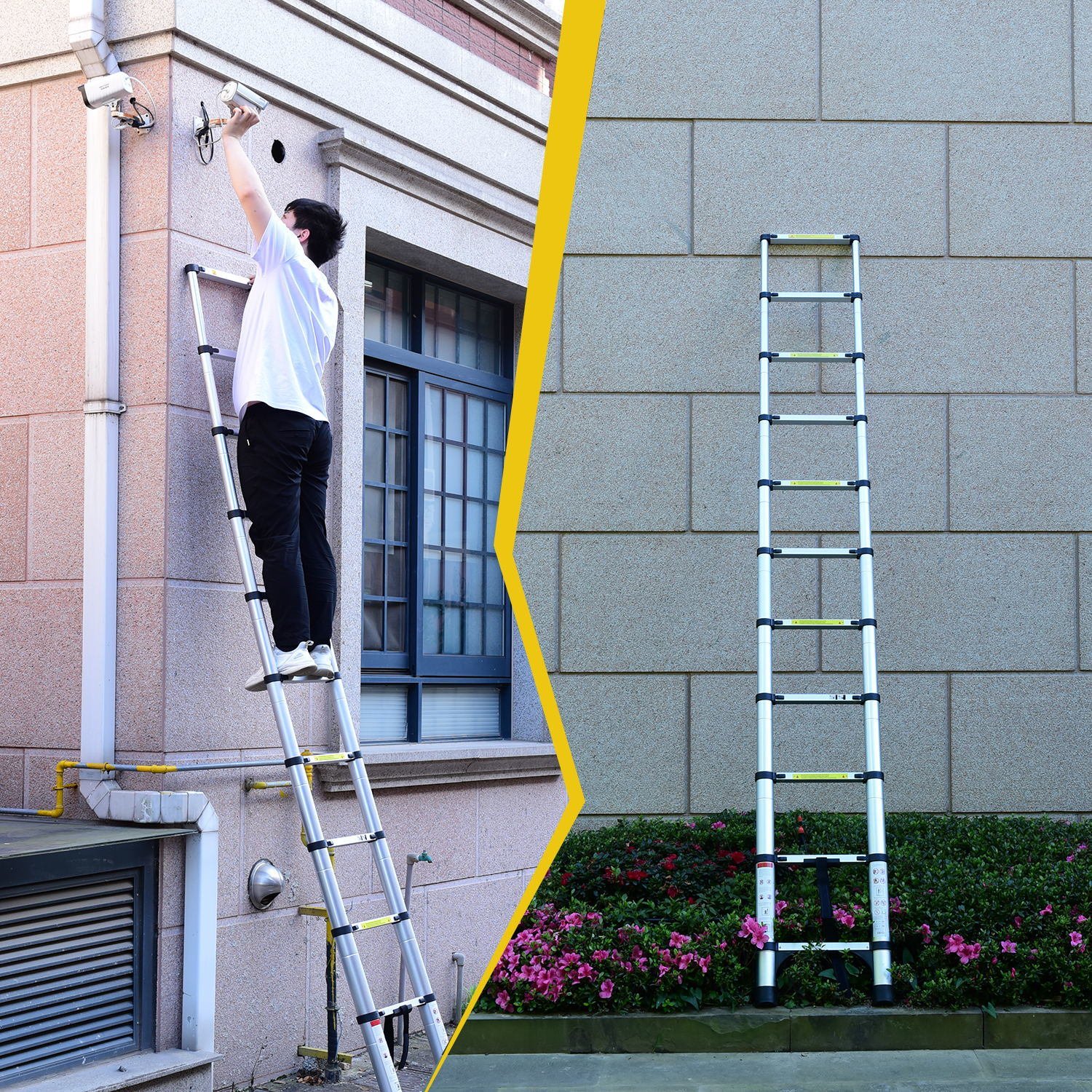 Telescopic ladder, 9.5 foot aluminum button telescopic ladder with 2 ...