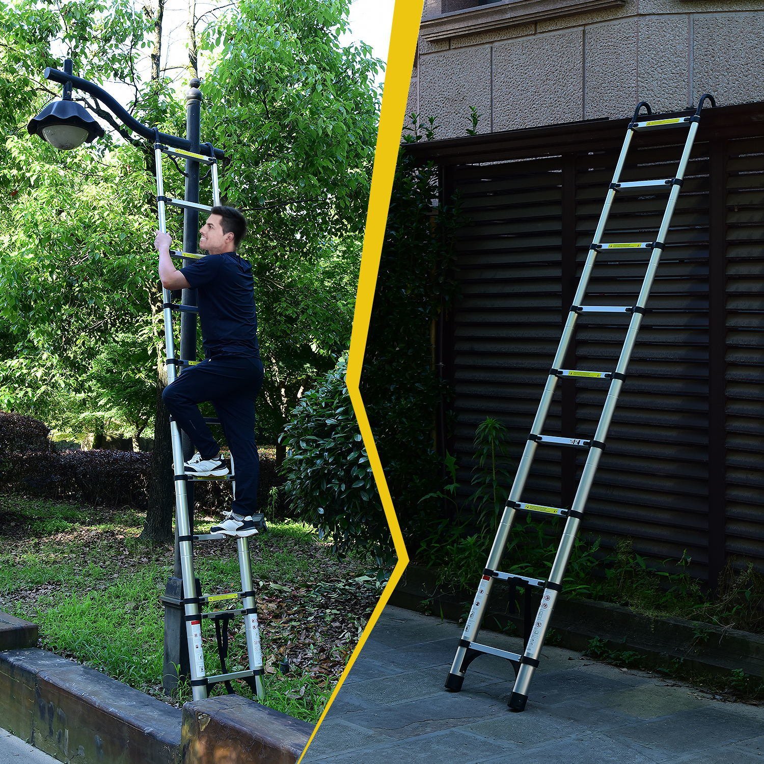Telescopic ladder, 9.5 foot aluminum button telescopic ladder with 2 ...
